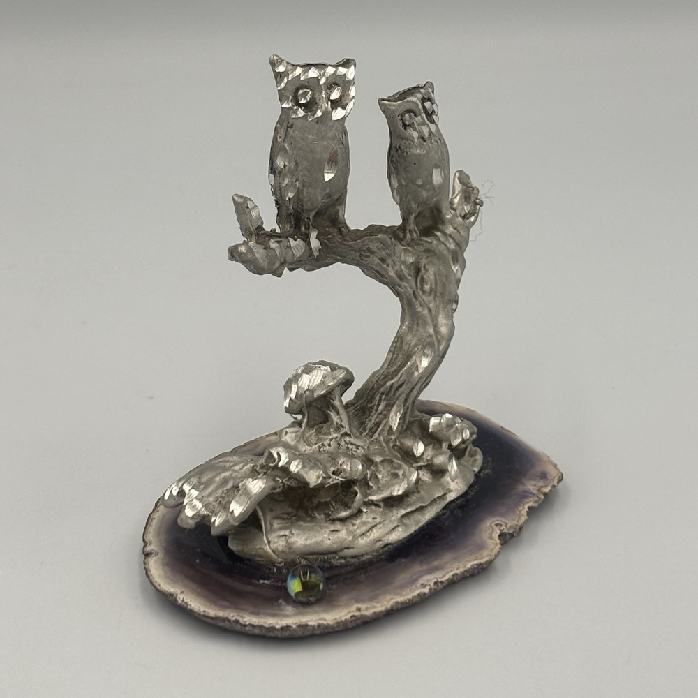 Vintage Pewter Owls On Branch with Mushrooms Figure on Purple Agate - Picture 11 of 16